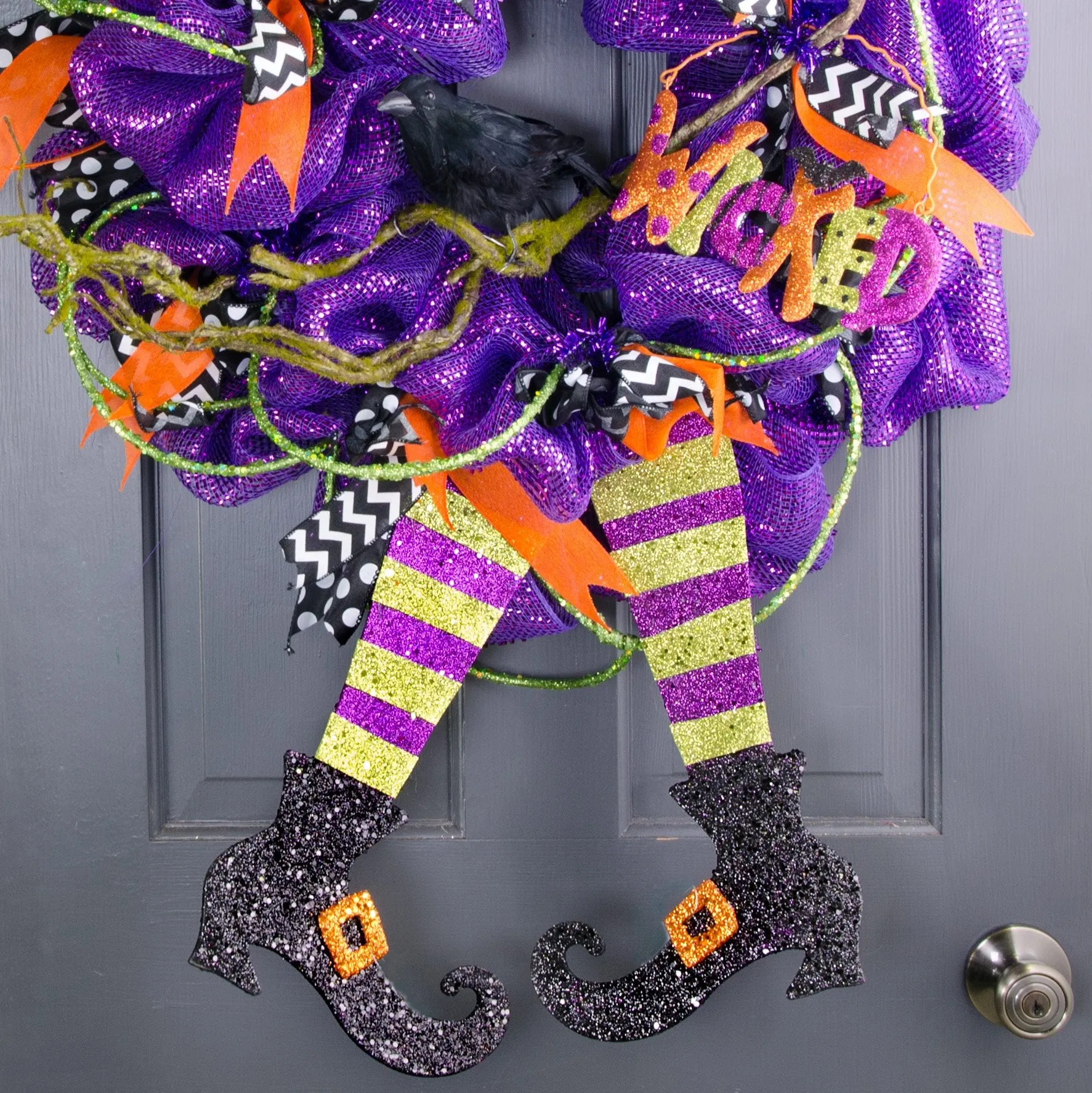 16" Metallic Foam Glittered Witch Leg Pair: Purple & Green