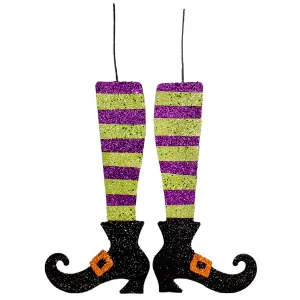 16" Metallic Foam Glittered Witch Leg Pair: Purple & Green