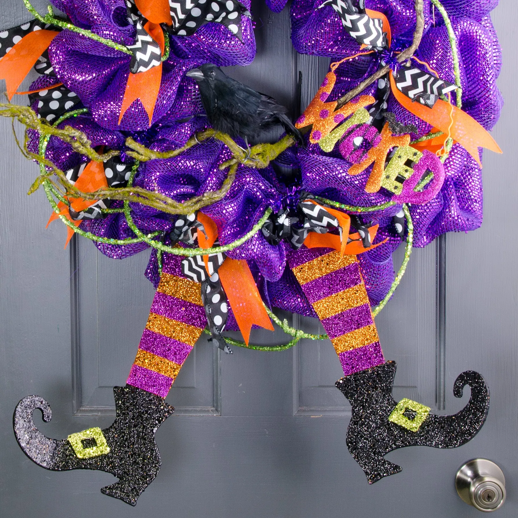 16" Metallic Foam Glittered Witch Leg Pair: Purple & Orange