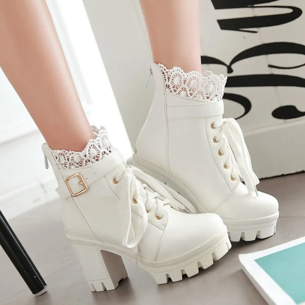 Amozae-Back to College Fashion Women's Thick High Heel Lace Up Ankle Boots Platform Lace Student Shoes boots square high heel woemn leather boots