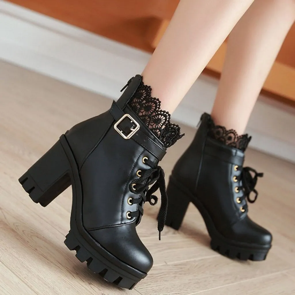 Amozae-Back to College Fashion Women's Thick High Heel Lace Up Ankle Boots Platform Lace Student Shoes boots square high heel woemn leather boots