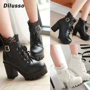 Amozae-Back to College Fashion Women's Thick High Heel Lace Up Ankle Boots Platform Lace Student Shoes boots square high heel woemn leather boots