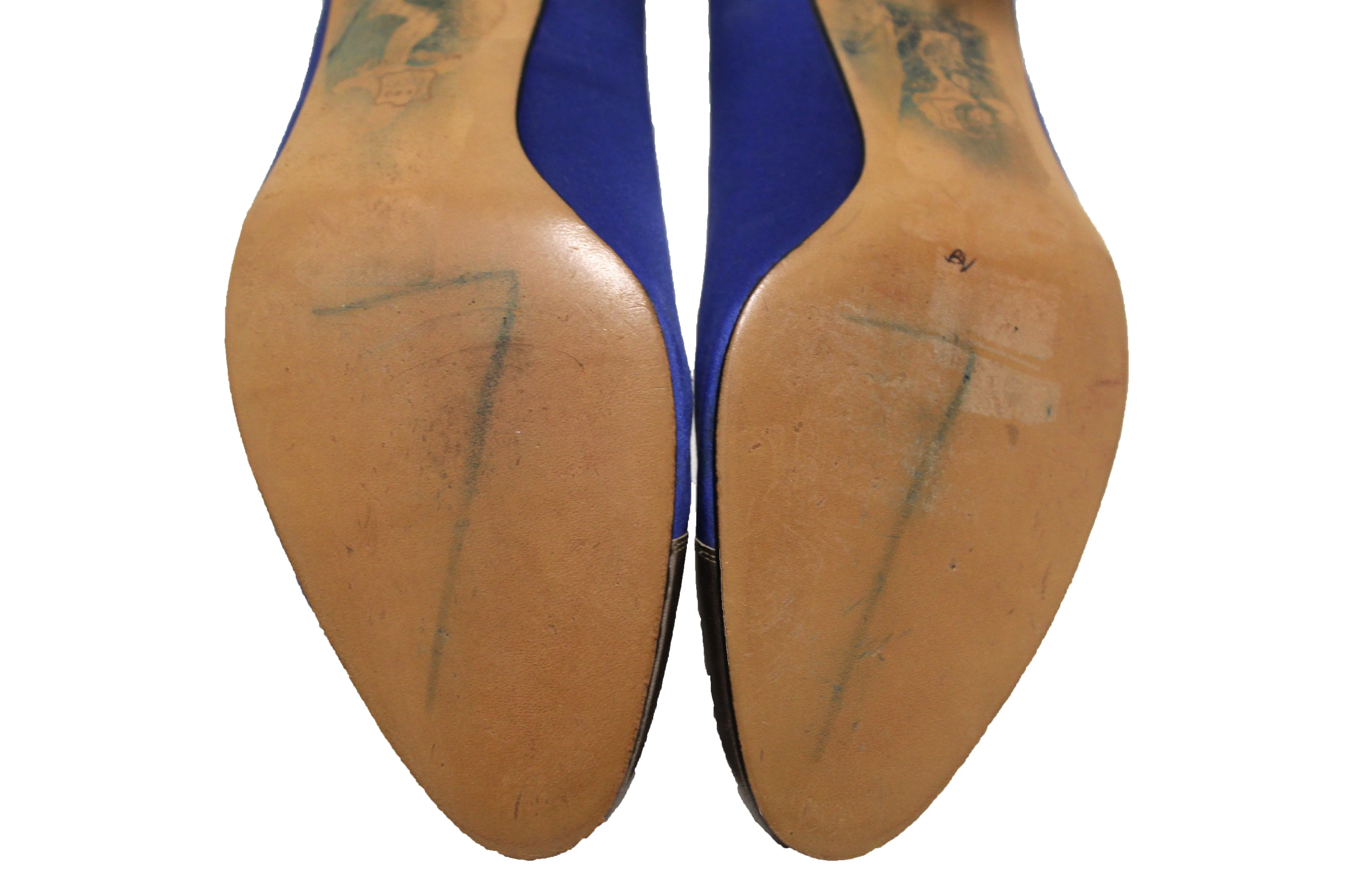 Authentic Salvatore Ferragamo Satin Blue with Grey Metallic Leather Pumps Size 7B