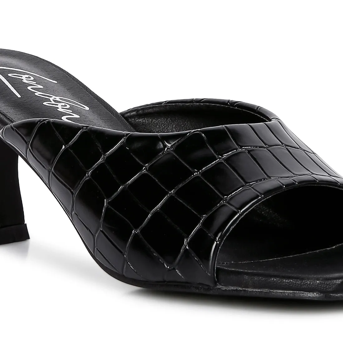 Black Croc Kitten Heel Slider Sandals