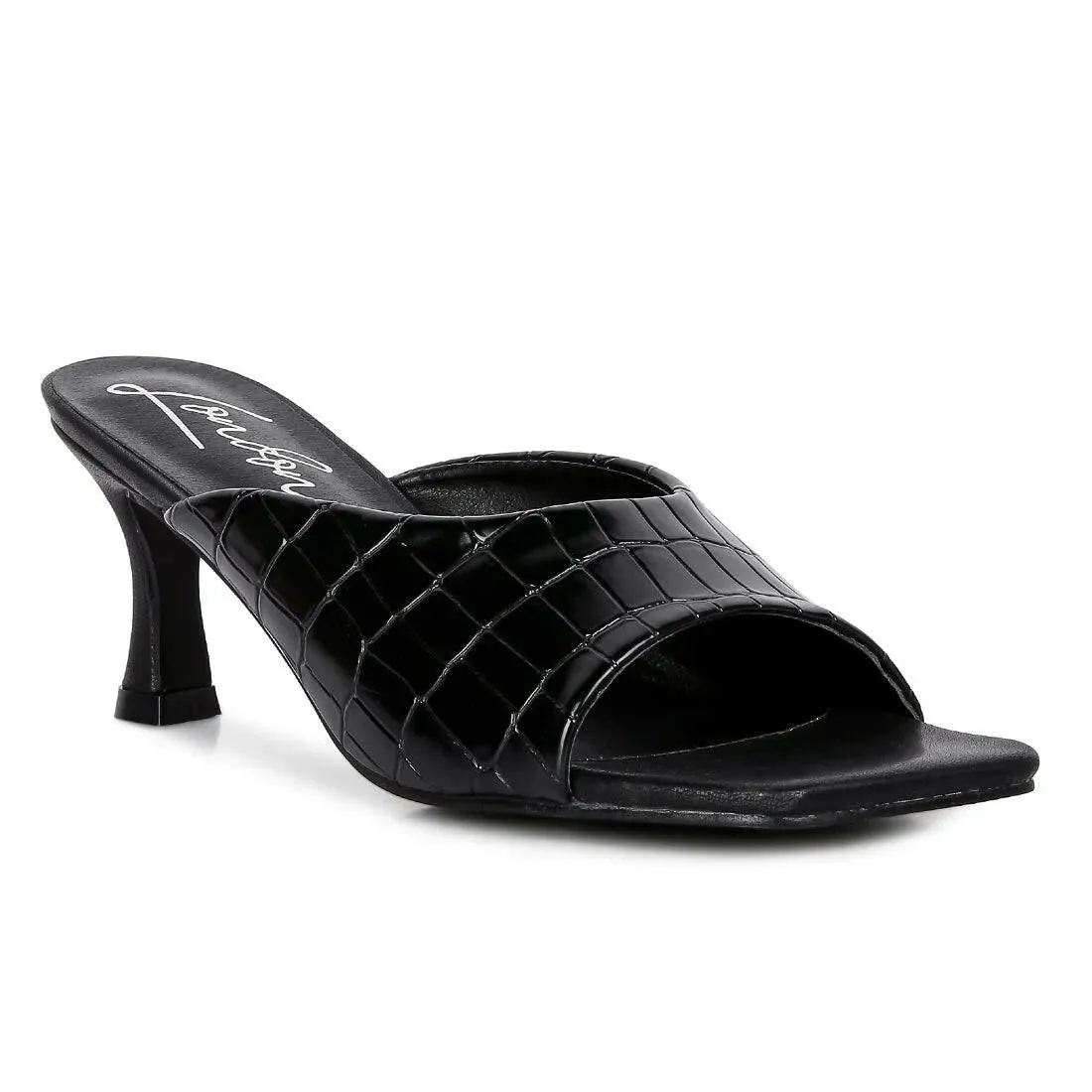 Black Croc Kitten Heel Sliders