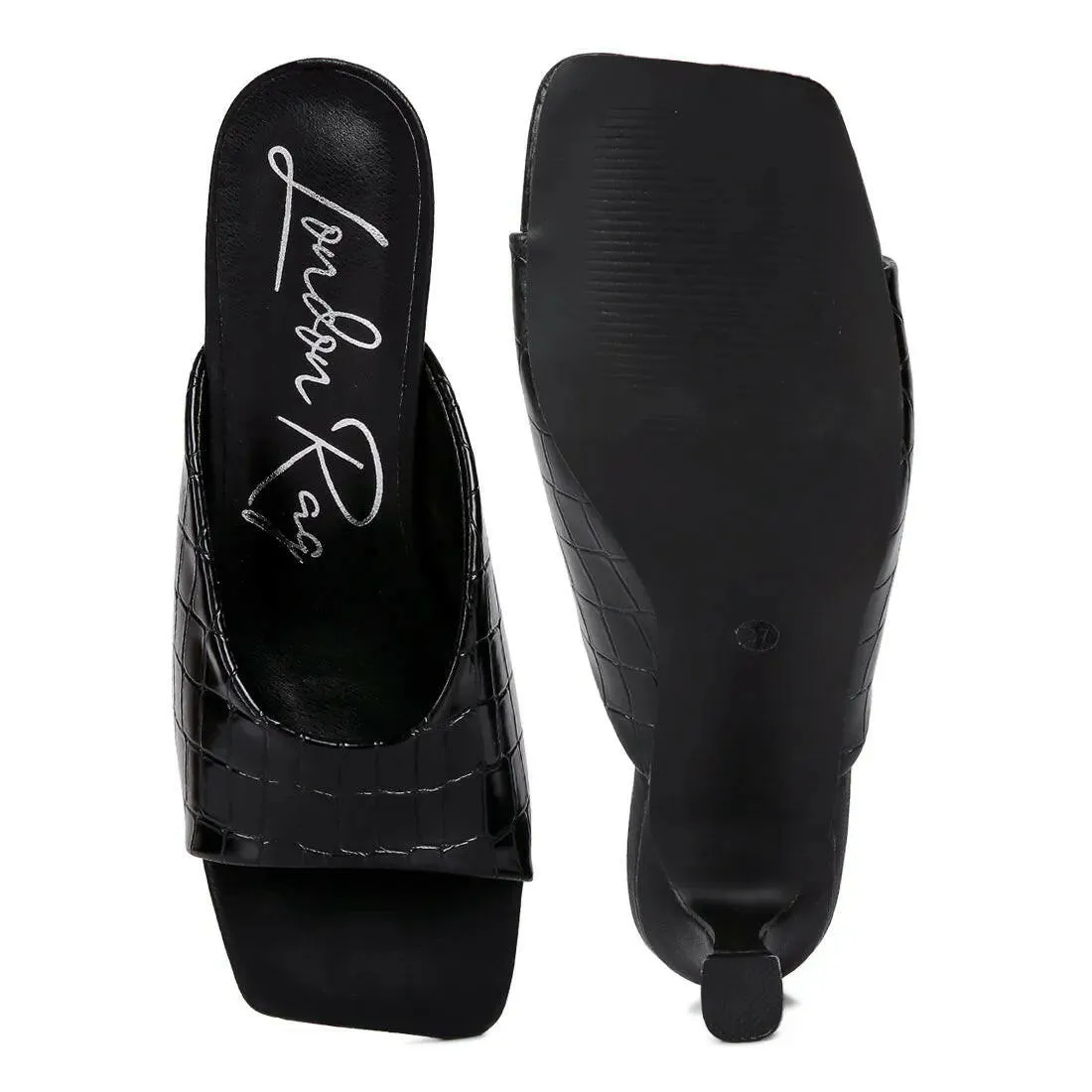 Black Croc Kitten Heel Sliders