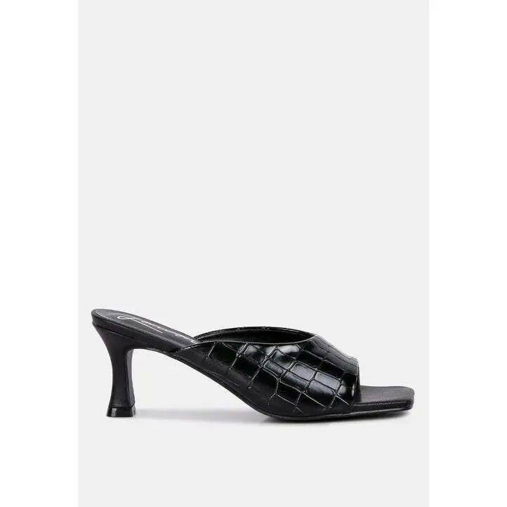 Black Croc Kitten Heel Sliders