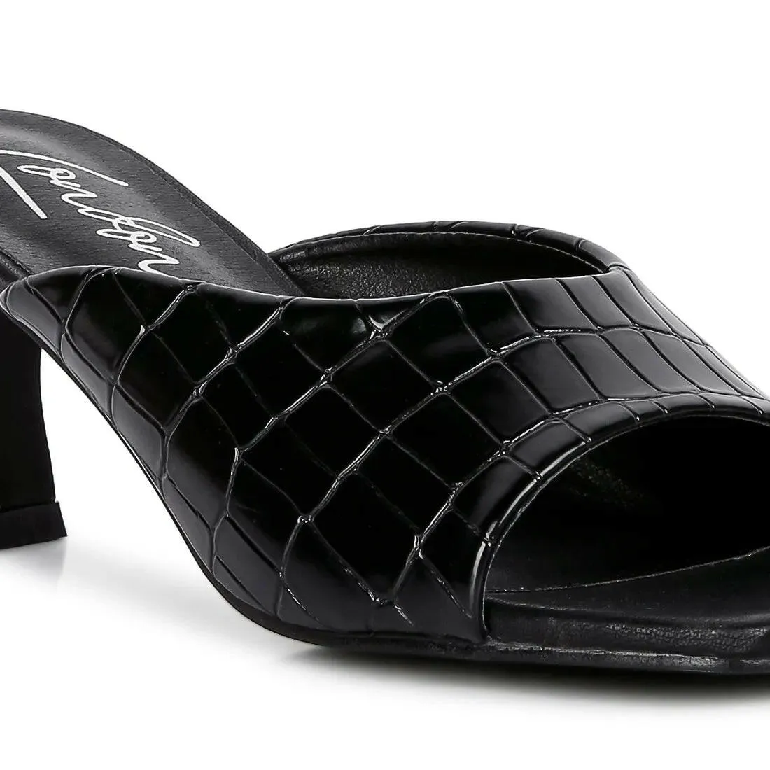 Black Croc Kitten Heel Sliders