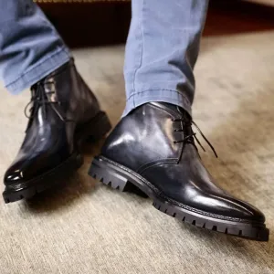 Black Leather Shumen Chukka Chunky Boots with Track Sole - Hiking and Trekking Boots