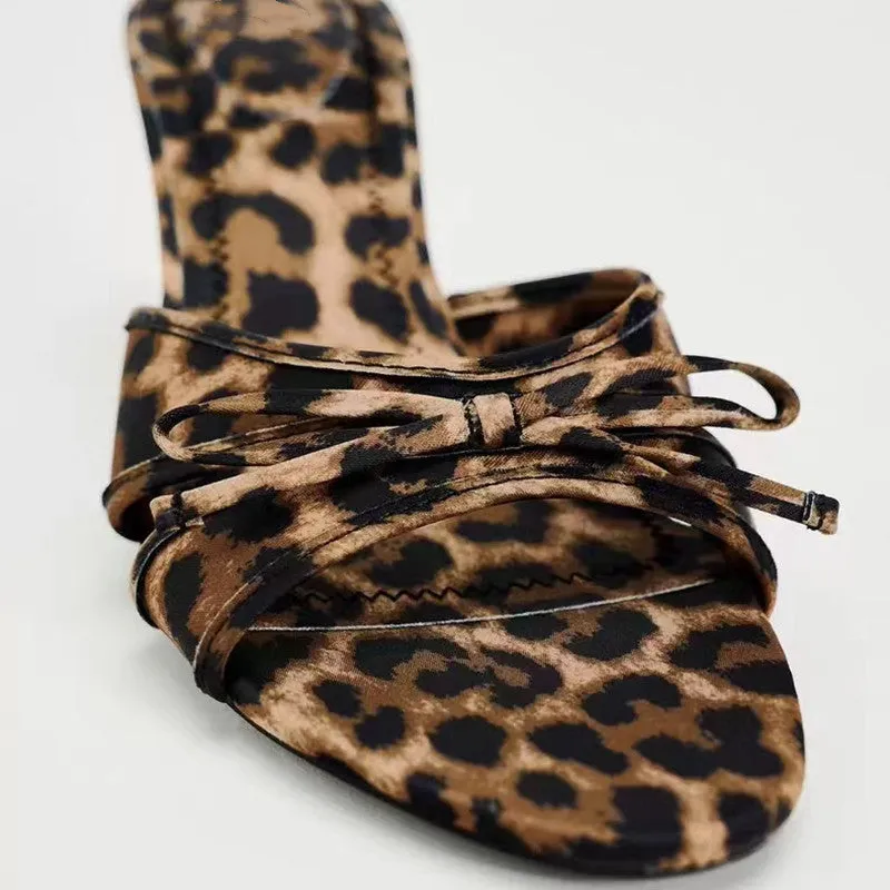 Bow Leopard Print Heel Sandals