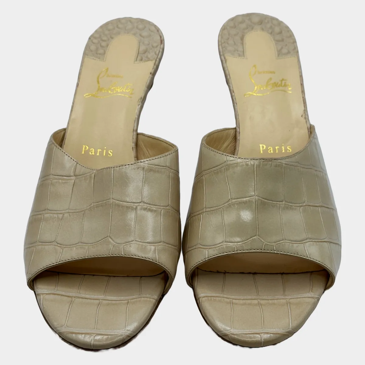 Christian Louboutin women's beige crock mock leather mules with kitten heel