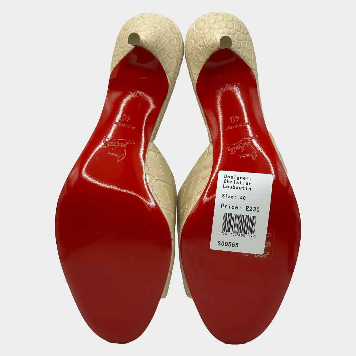 Christian Louboutin women's beige crock mock leather mules with kitten heel