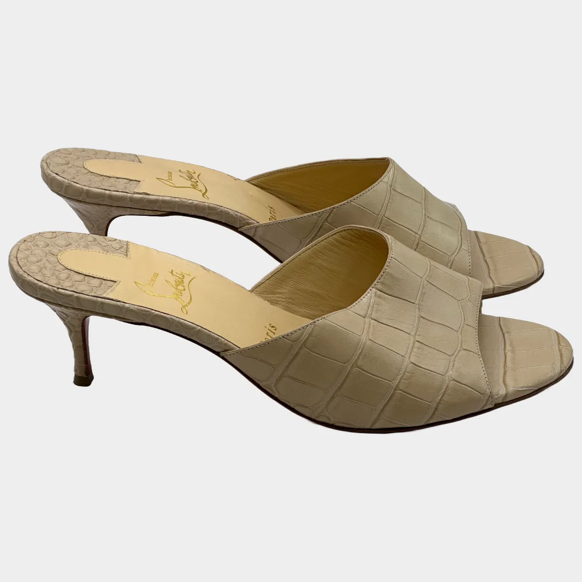Christian Louboutin women's beige crock mock leather mules with kitten heel