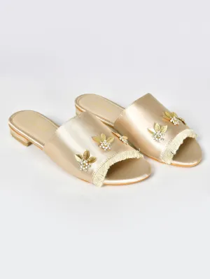 Floral Satin Sandals-Gold