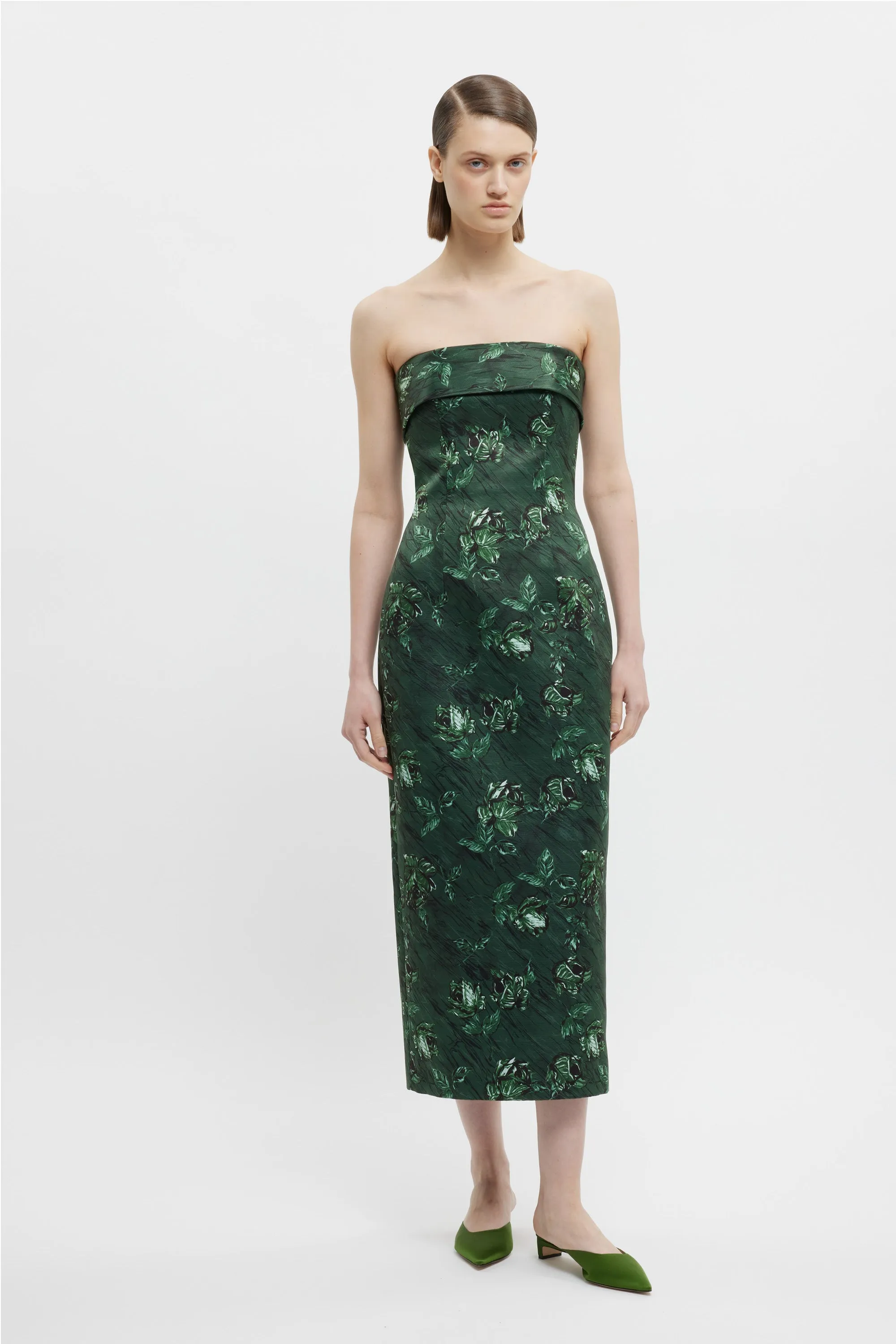 Keeley Dress In Green Roses On Marble Print Taffeta Faille