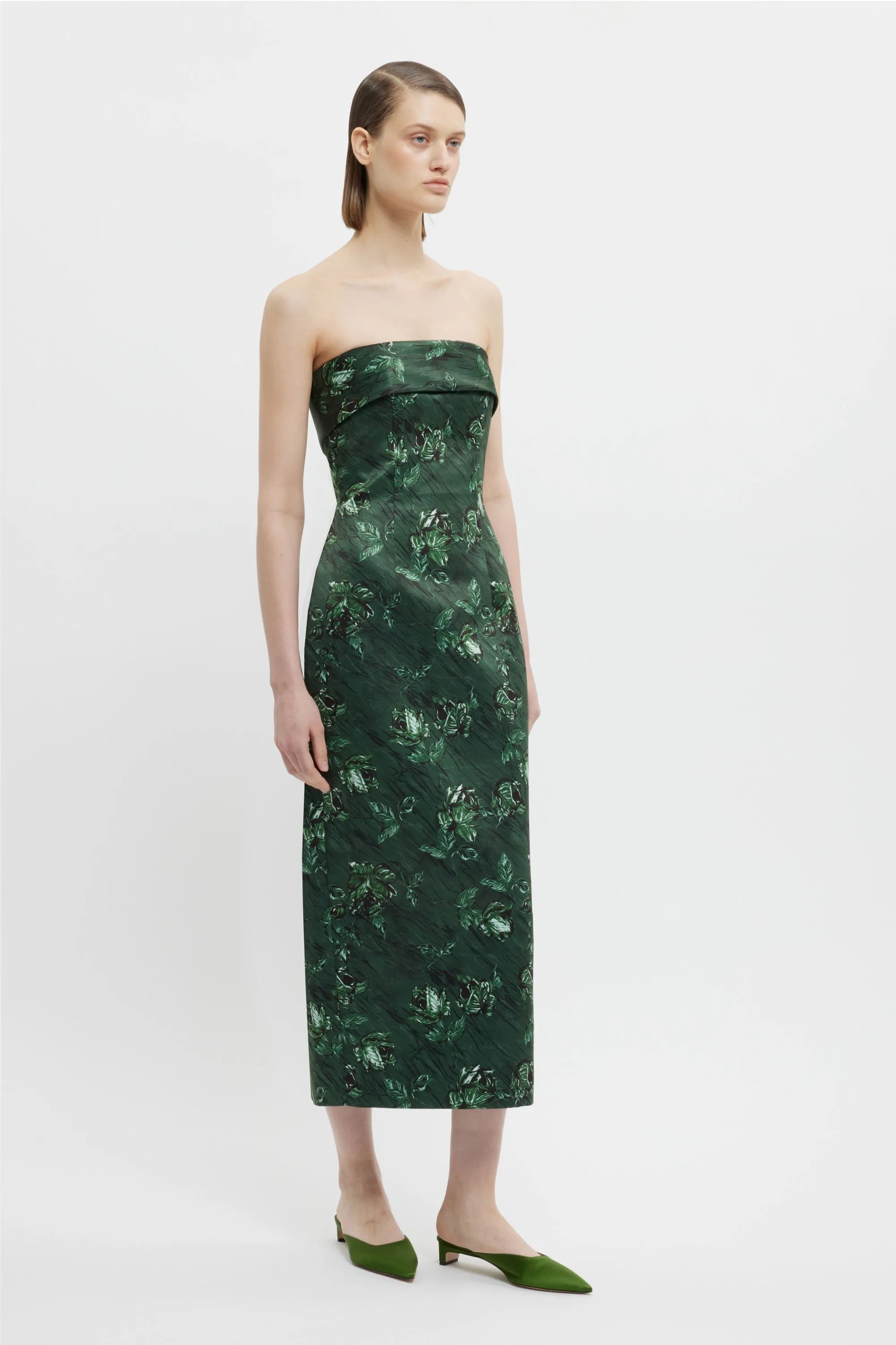 Keeley Dress In Green Roses On Marble Print Taffeta Faille