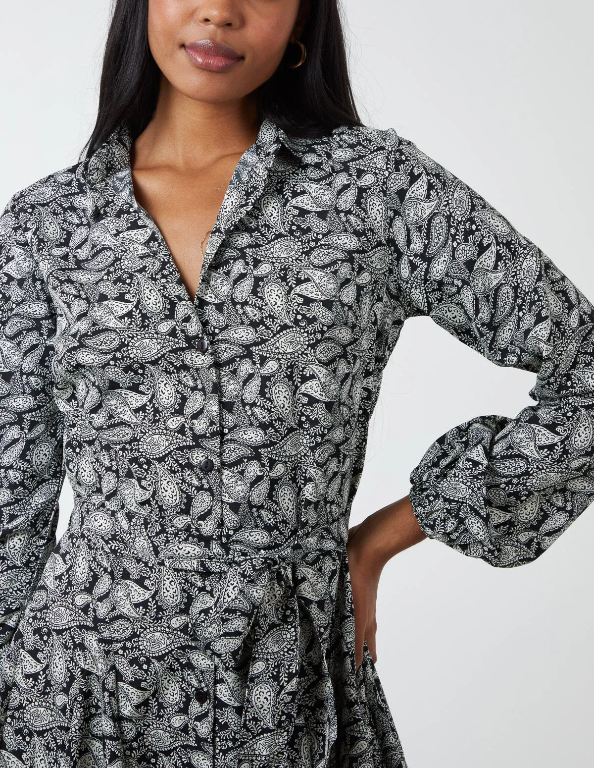 Paisley Shirt Mini Dress With Godet Hem & Tie