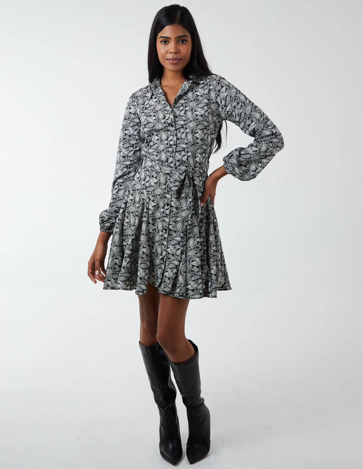 Paisley Shirt Mini Dress With Godet Hem & Tie