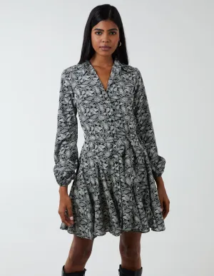 Paisley Shirt Mini Dress With Godet Hem & Tie