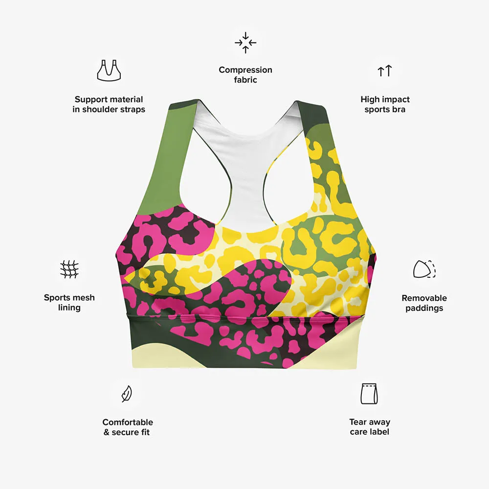 Recycled High Impact Sports Bra "Camocheetah" Green/Yellow/Pink