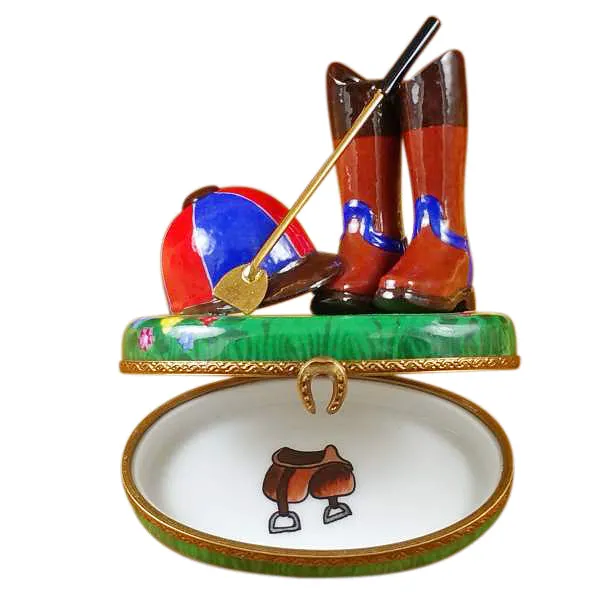 Riding Set with Hat, Stick & Boots Limoges Porcelain Box