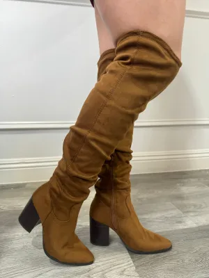 Rigid Camel - Ruched Knee-High Suede Boots