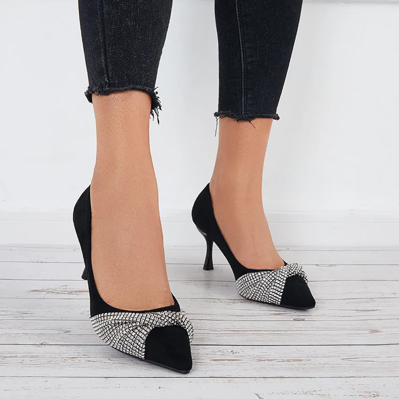 Sohiwoo  Women Rhinestone Knot Kitten Heel Pumps Closed Toe Office Work Shoes