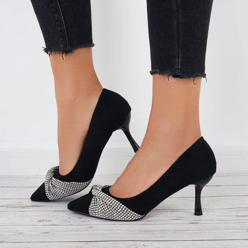 Sohiwoo  Women Rhinestone Knot Kitten Heel Pumps Closed Toe Office Work Shoes