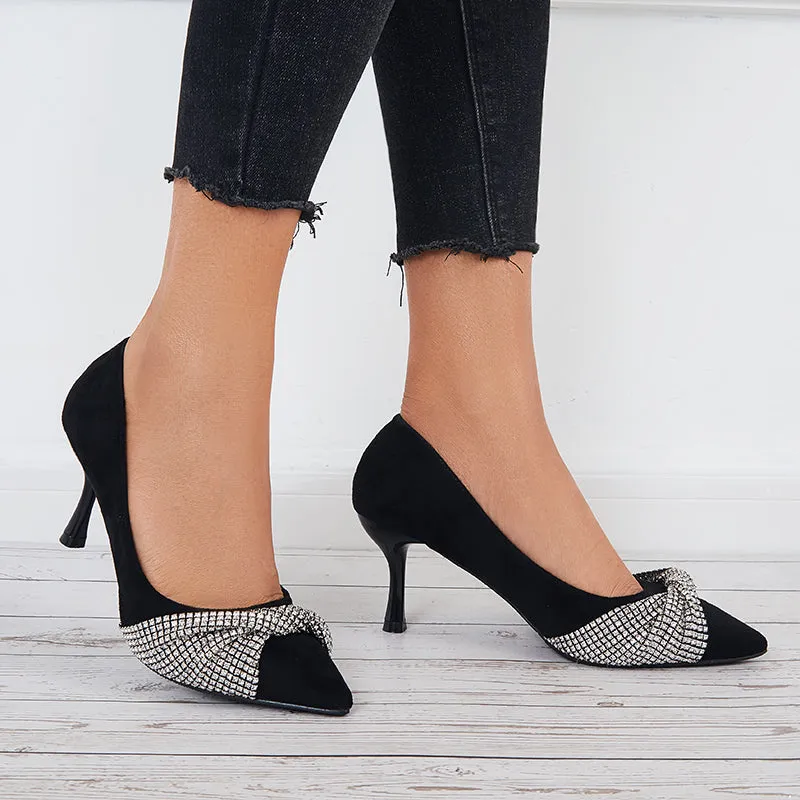 Sohiwoo  Women Rhinestone Knot Kitten Heel Pumps Closed Toe Office Work Shoes