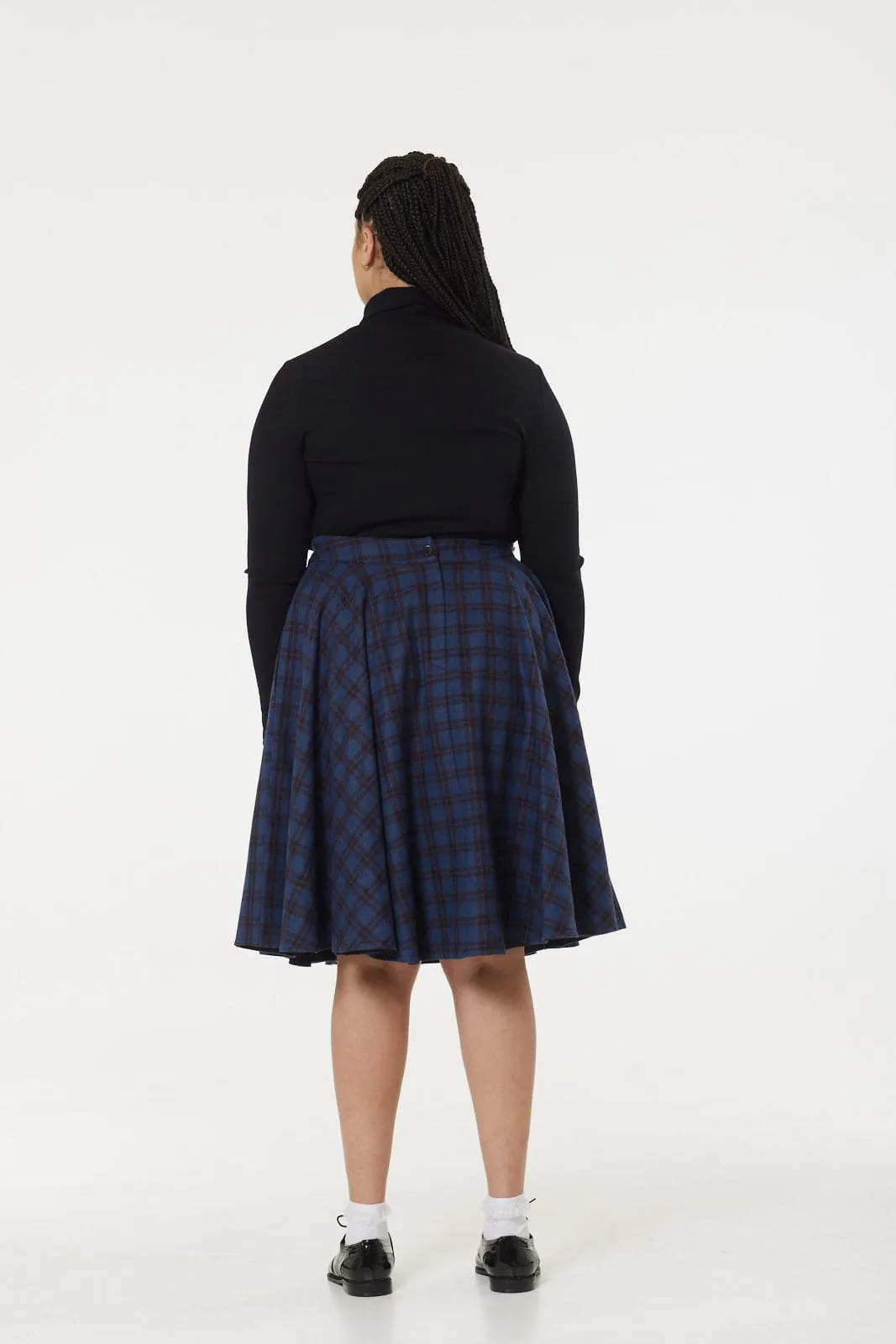 Sophie Navy and Brown Woollen Check Tartan Midi Swing Skirt