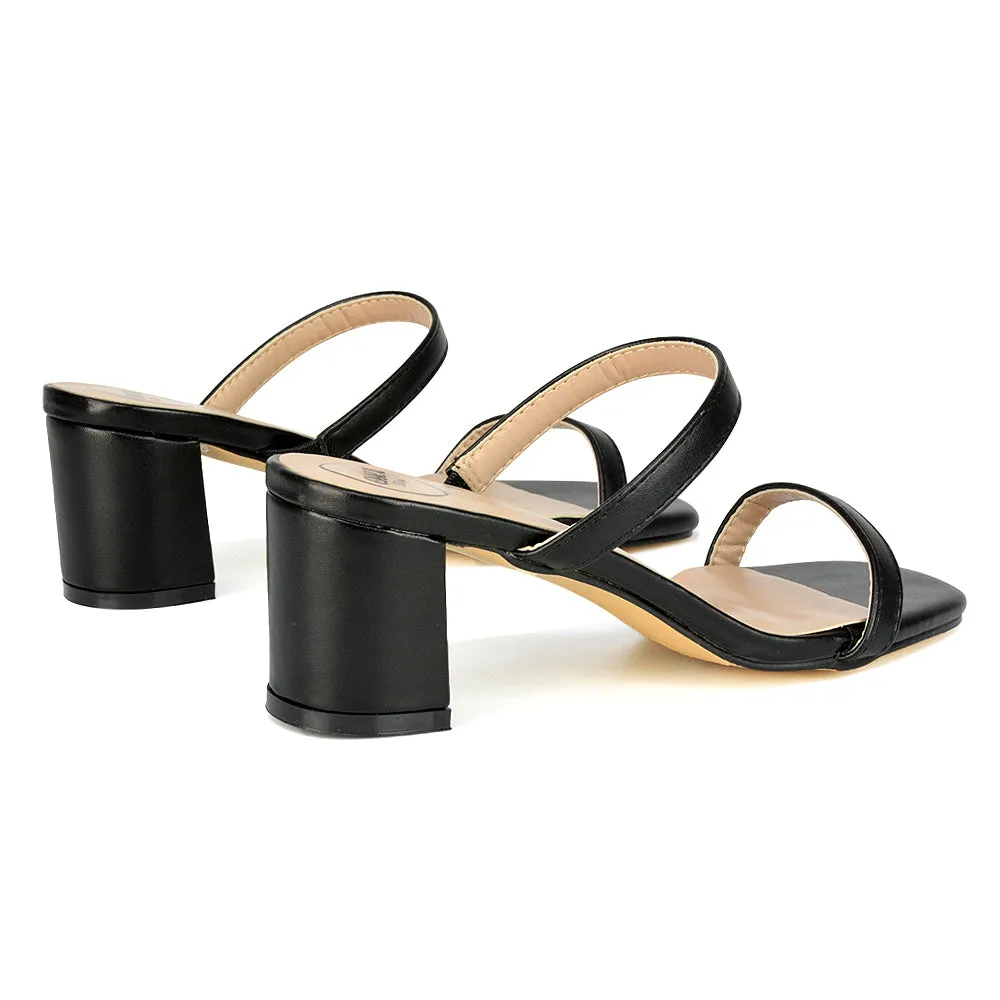 Tiff Double Strap Square Toe Slip On Low Mid Block High Heel Mule Sandals in Pastel Green