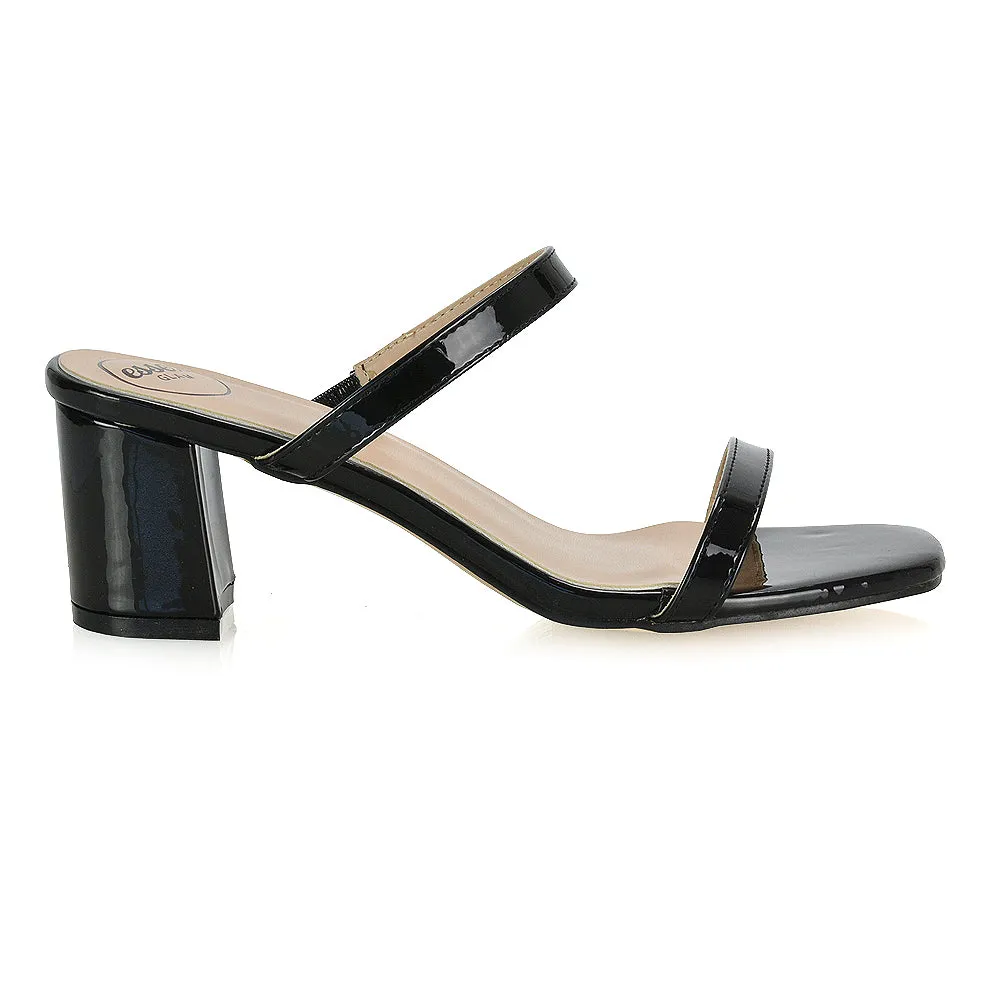 Tiff Double Strap Square Toe Slip On Low Mid Block High Heel Mule Sandals in Pastel Green