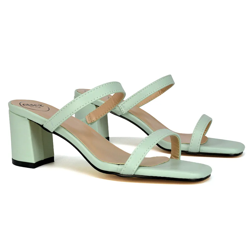 Tiff Double Strap Square Toe Slip On Low Mid Block High Heel Mule Sandals in Pastel Green