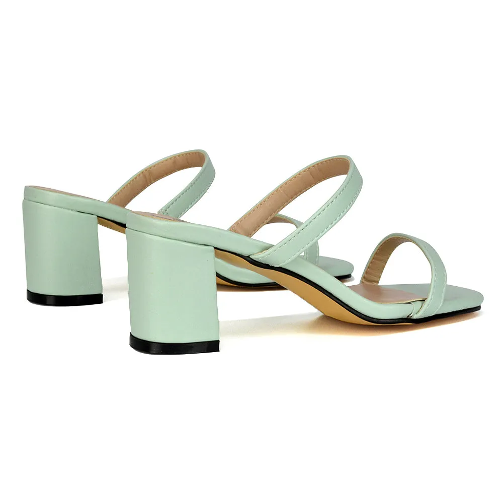 Tiff Double Strap Square Toe Slip On Low Mid Block High Heel Mule Sandals in Pastel Green