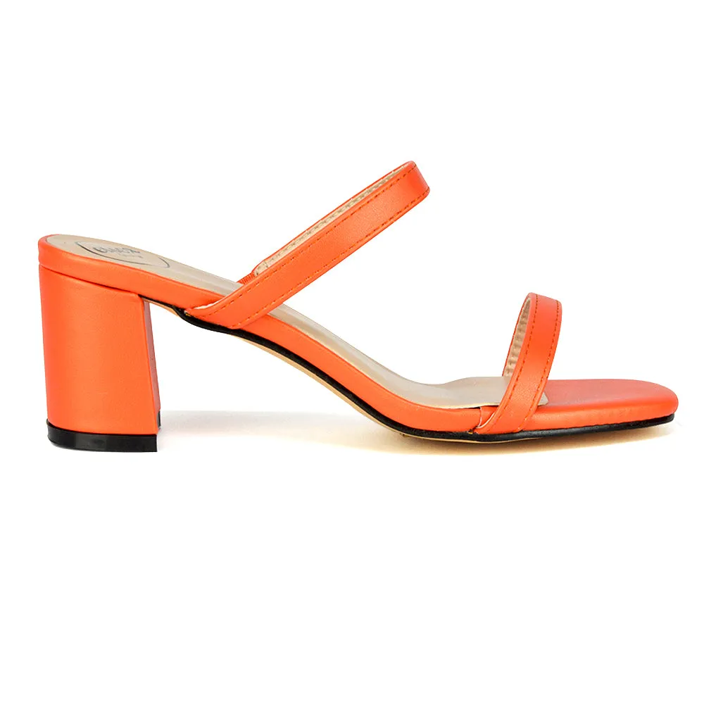Tiff Double Strap Square Toe Slip On Low Mid Block High Heel Mule Sandals in Pastel Green