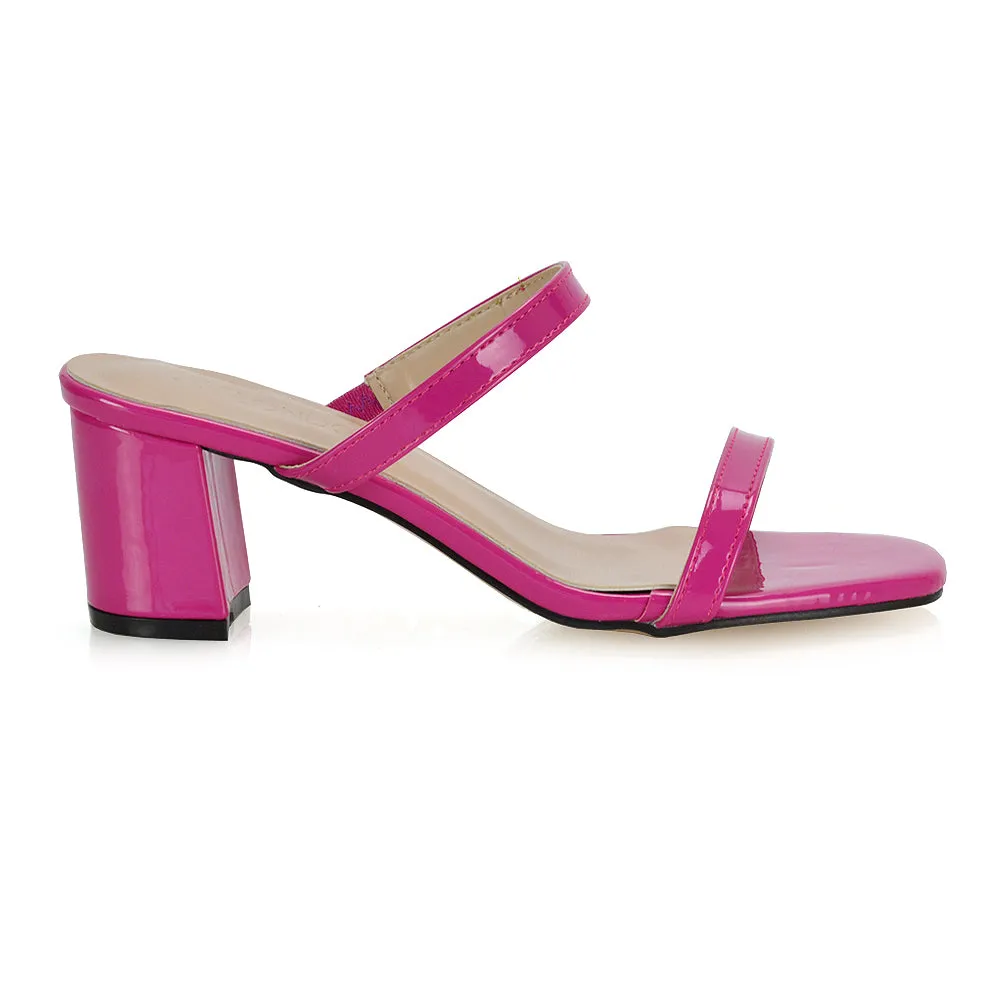 Tiff Double Strap Square Toe Slip On Low Mid Block High Heel Mule Sandals in Pastel Green
