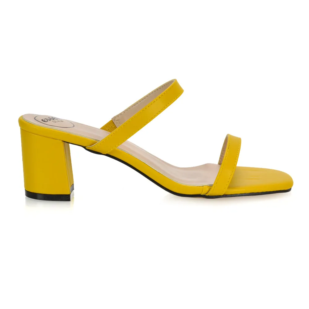 Tiff Double Strap Square Toe Slip On Low Mid Block High Heel Mule Sandals in Pastel Green