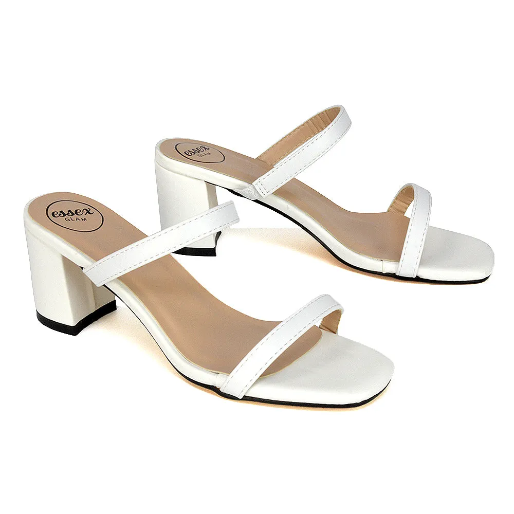 Tiff Double Strap Square Toe Slip On Low Mid Block High Heel Mule Sandals in Pastel Green