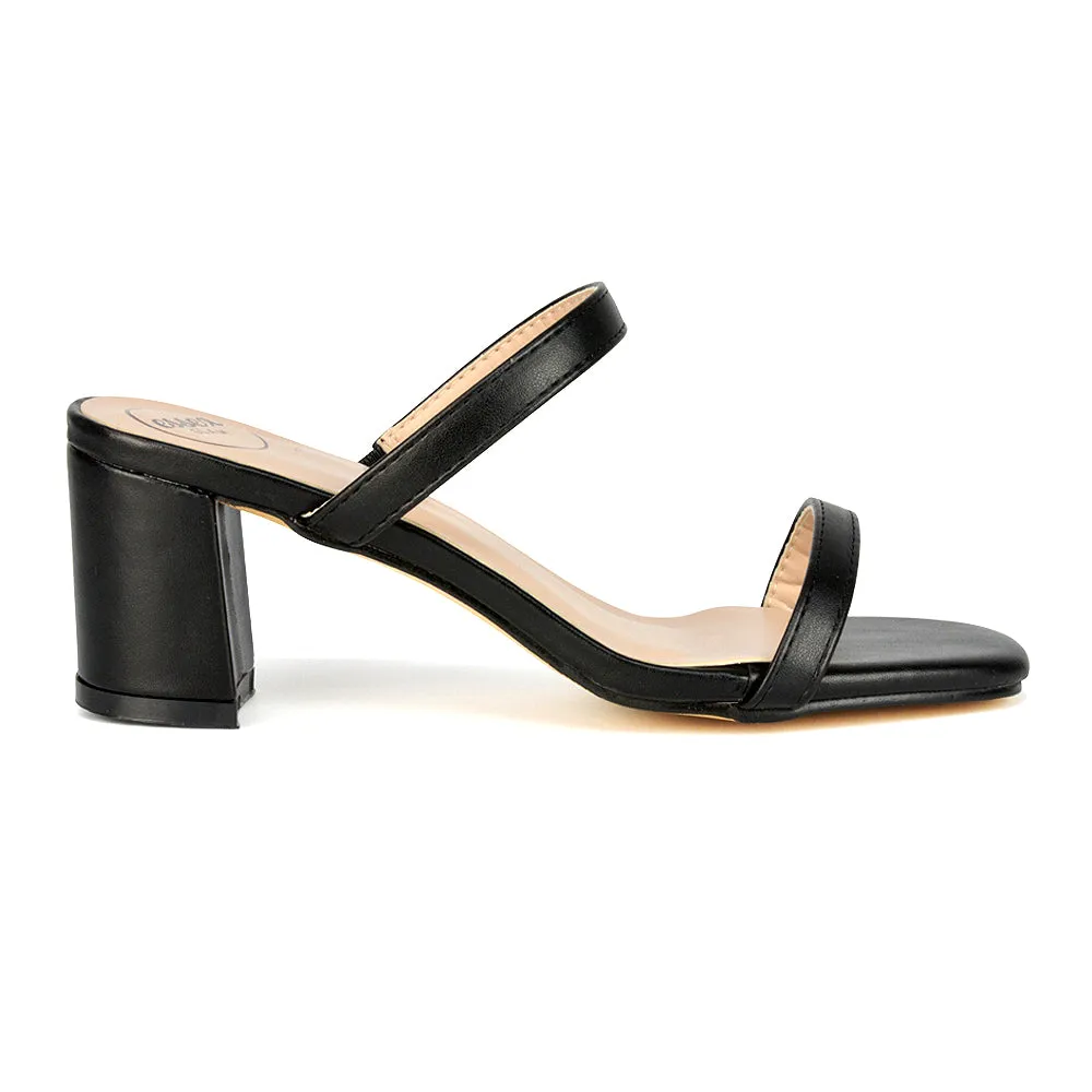Tiff Double Strap Square Toe Slip On Low Mid Block High Heel Mule Sandals in Pastel Green