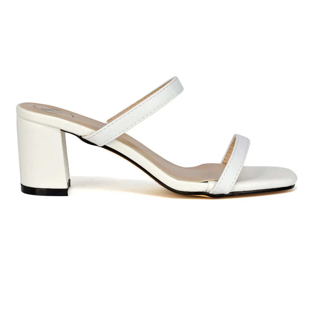 Tiff Double Strap Square Toe Slip On Low Mid Block High Heel Mule Sandals in Pastel Green