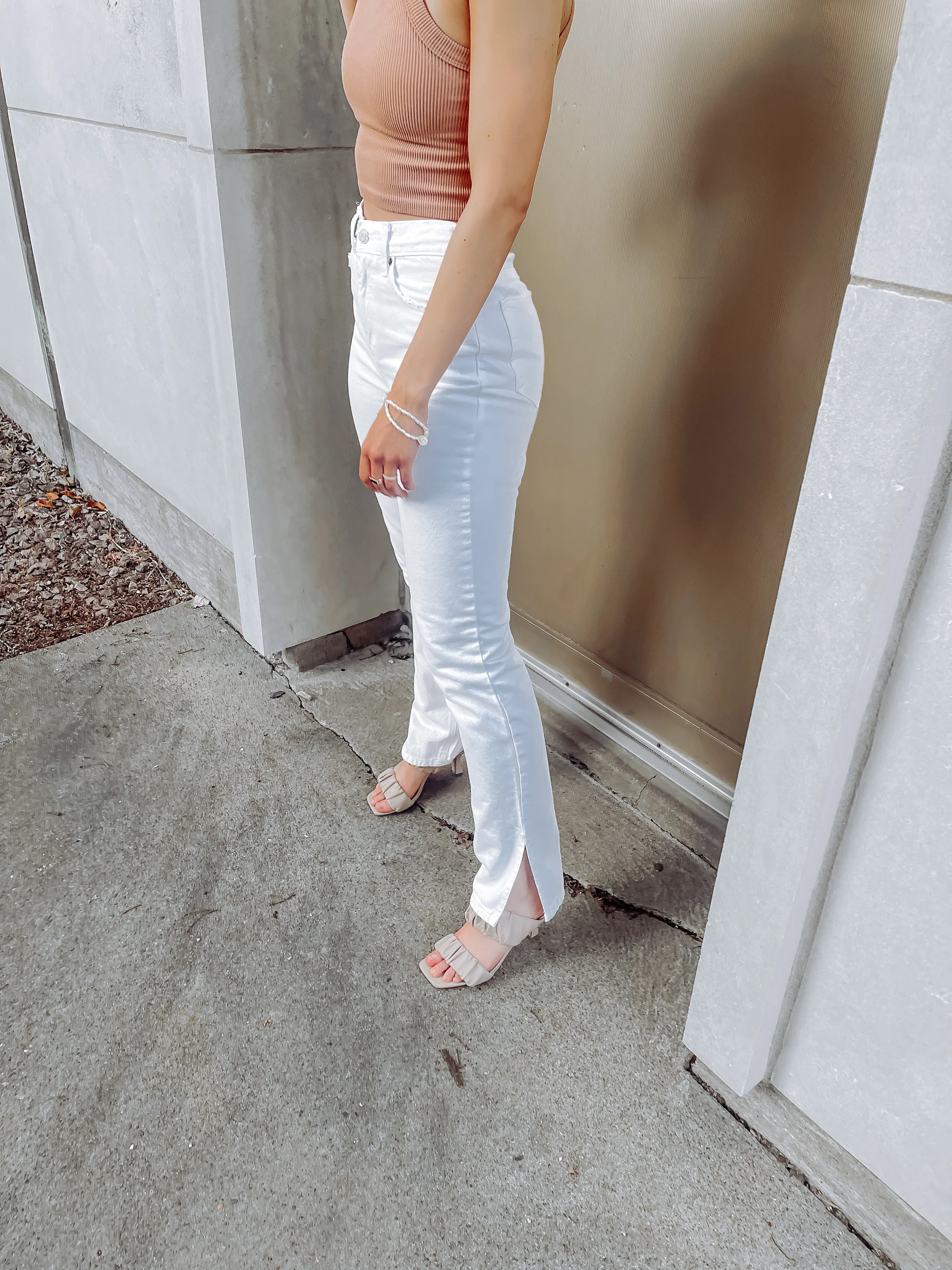 White Side Slit Straight Leg Denim