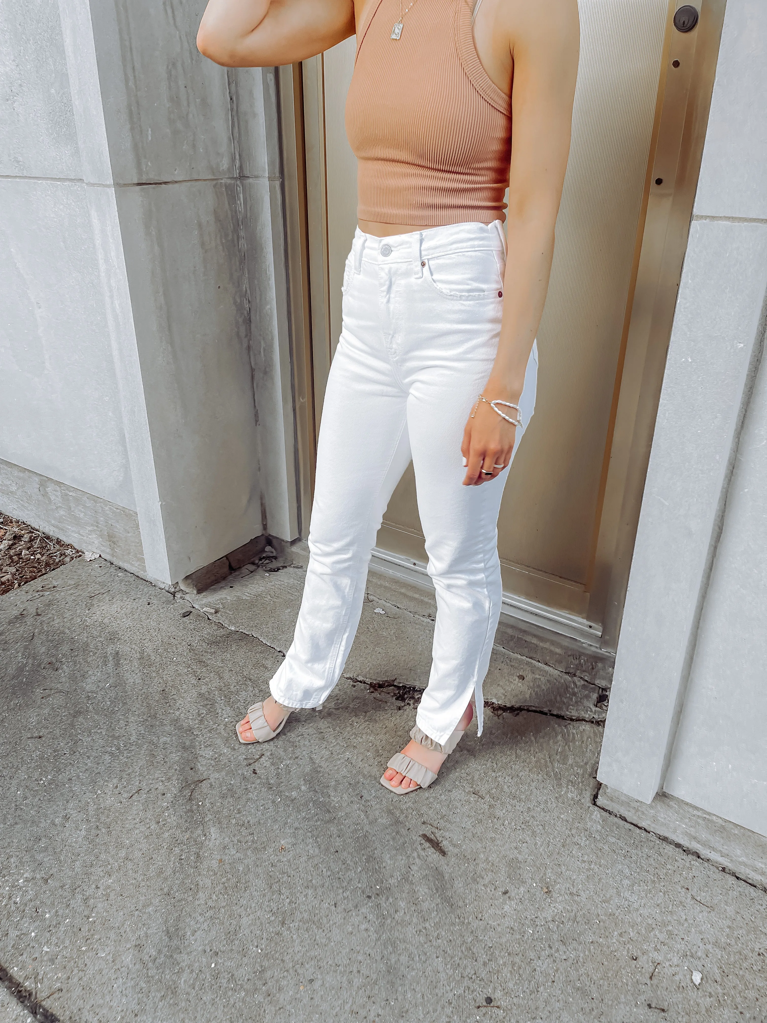 White Side Slit Straight Leg Denim