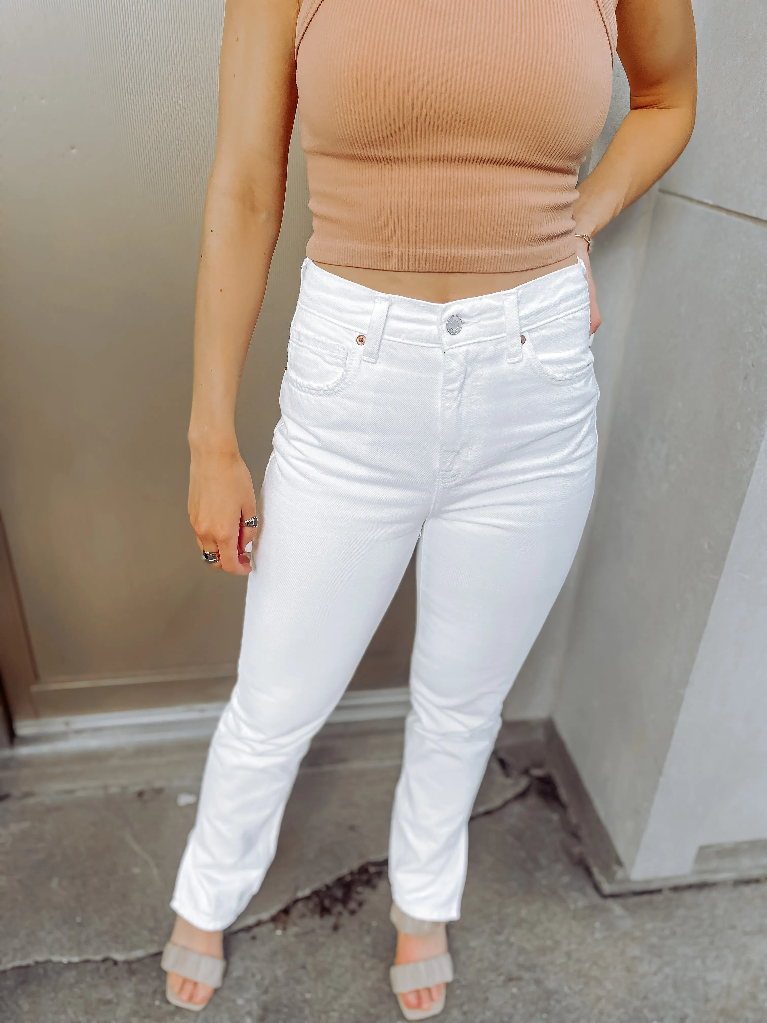 White Side Slit Straight Leg Denim