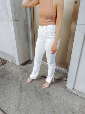 White Side Slit Straight Leg Denim