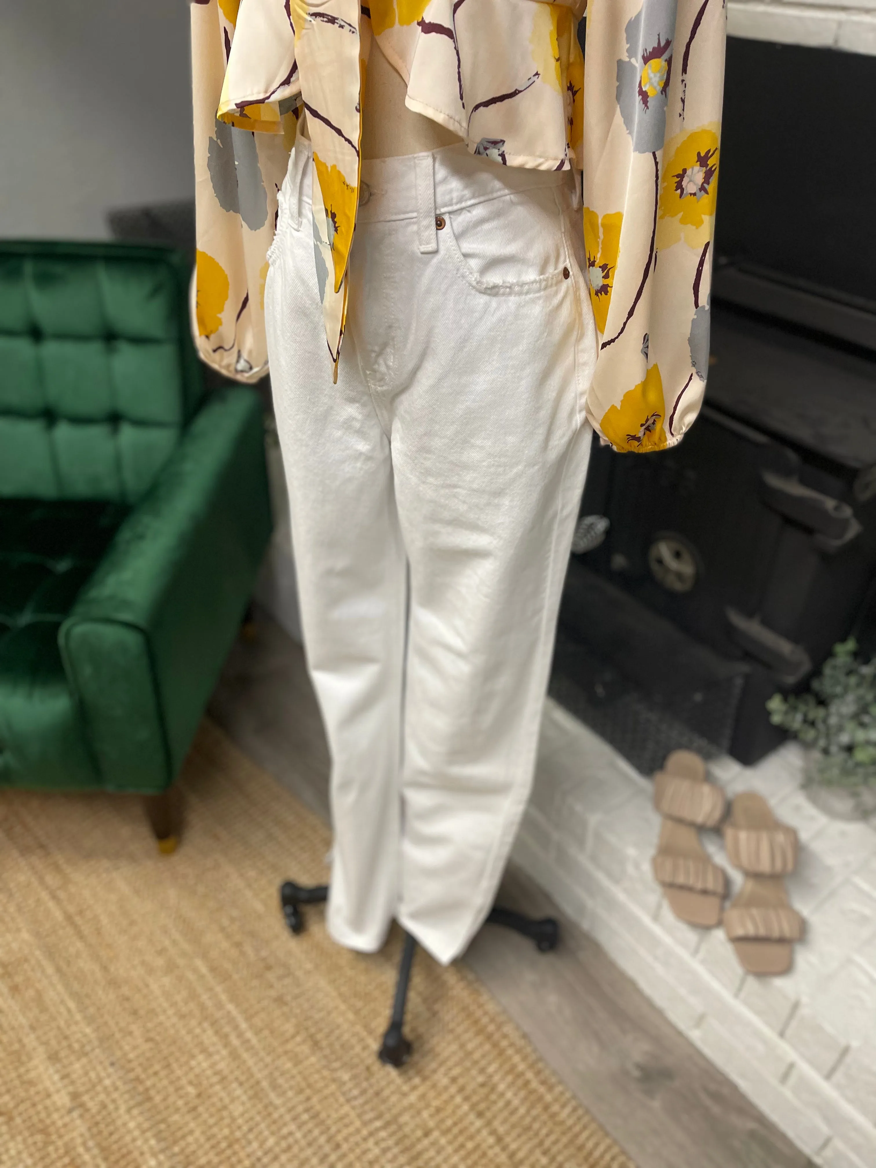 White Side Slit Straight Leg Denim