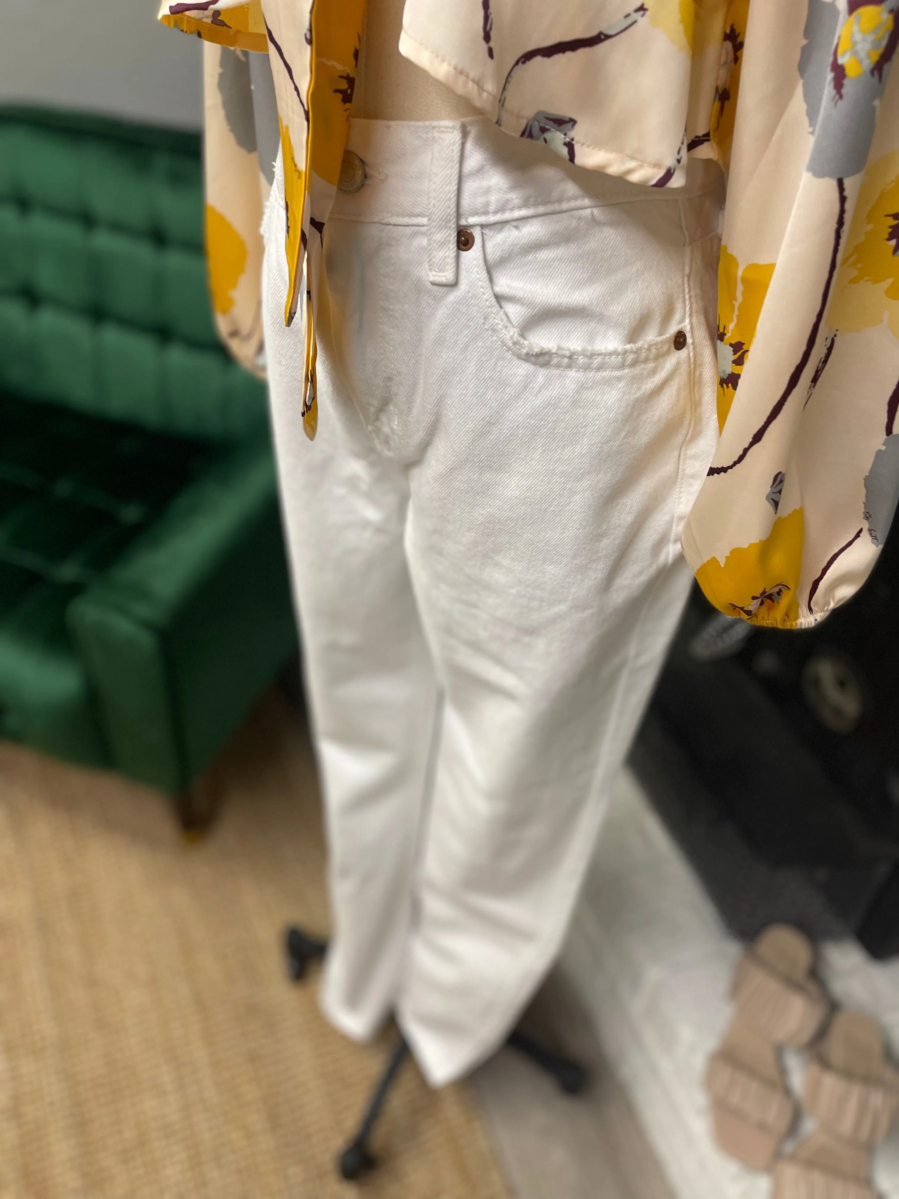 White Side Slit Straight Leg Denim