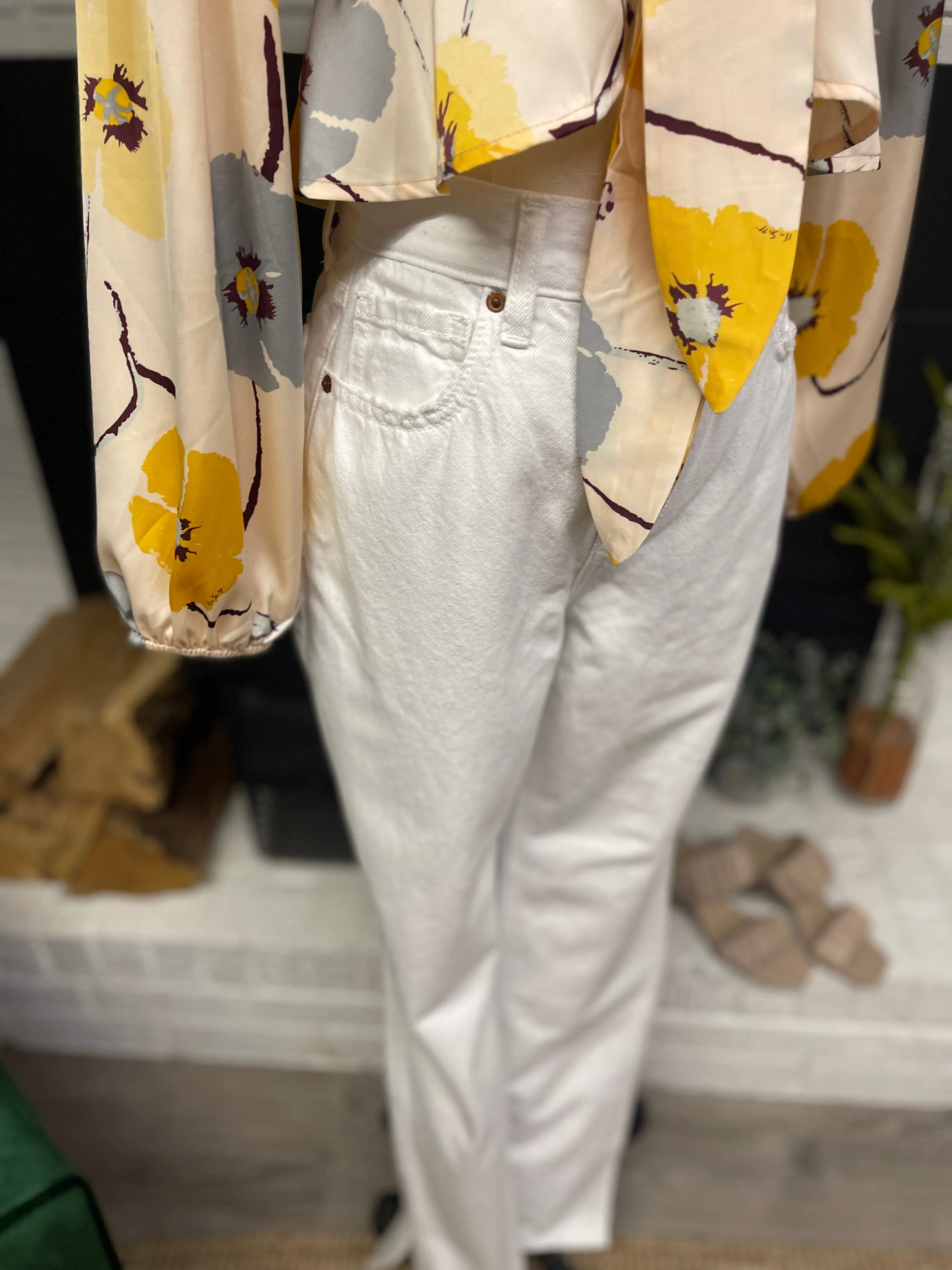 White Side Slit Straight Leg Denim