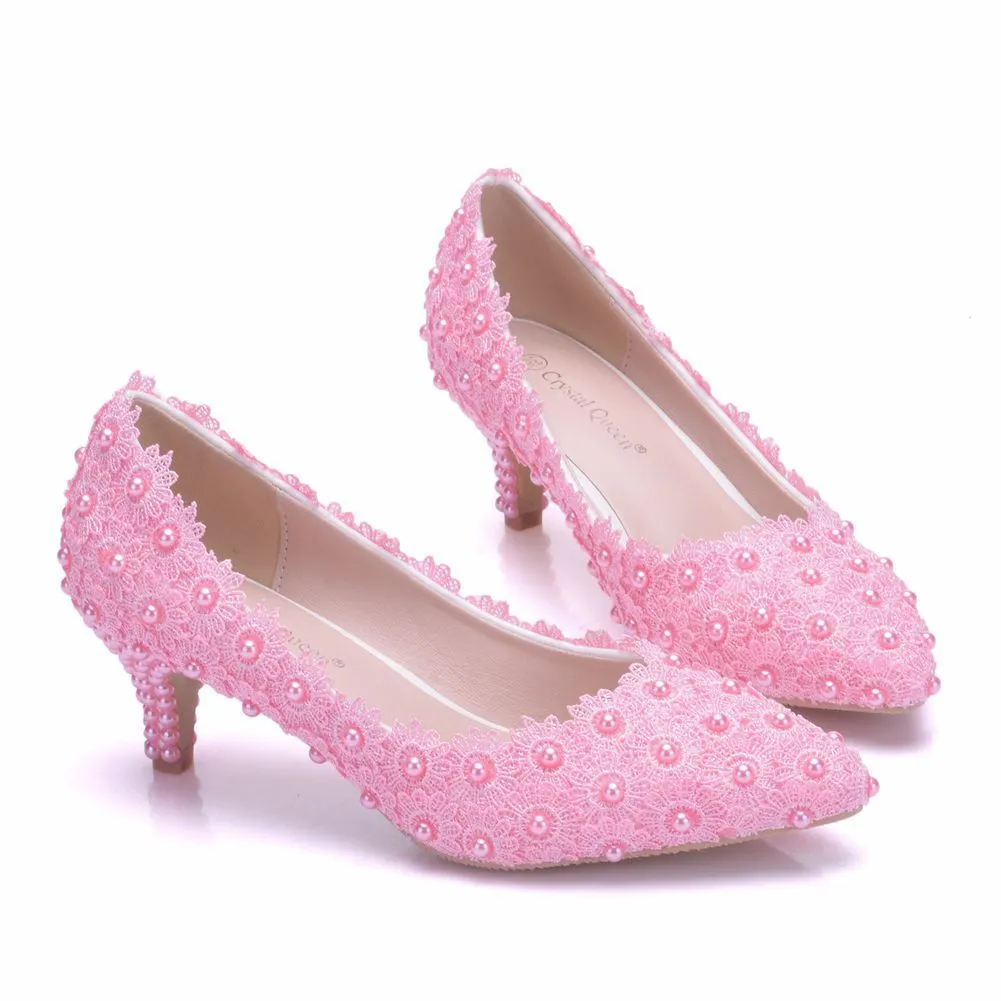 Women's kitten heel lace imitation pearl wedding pumps