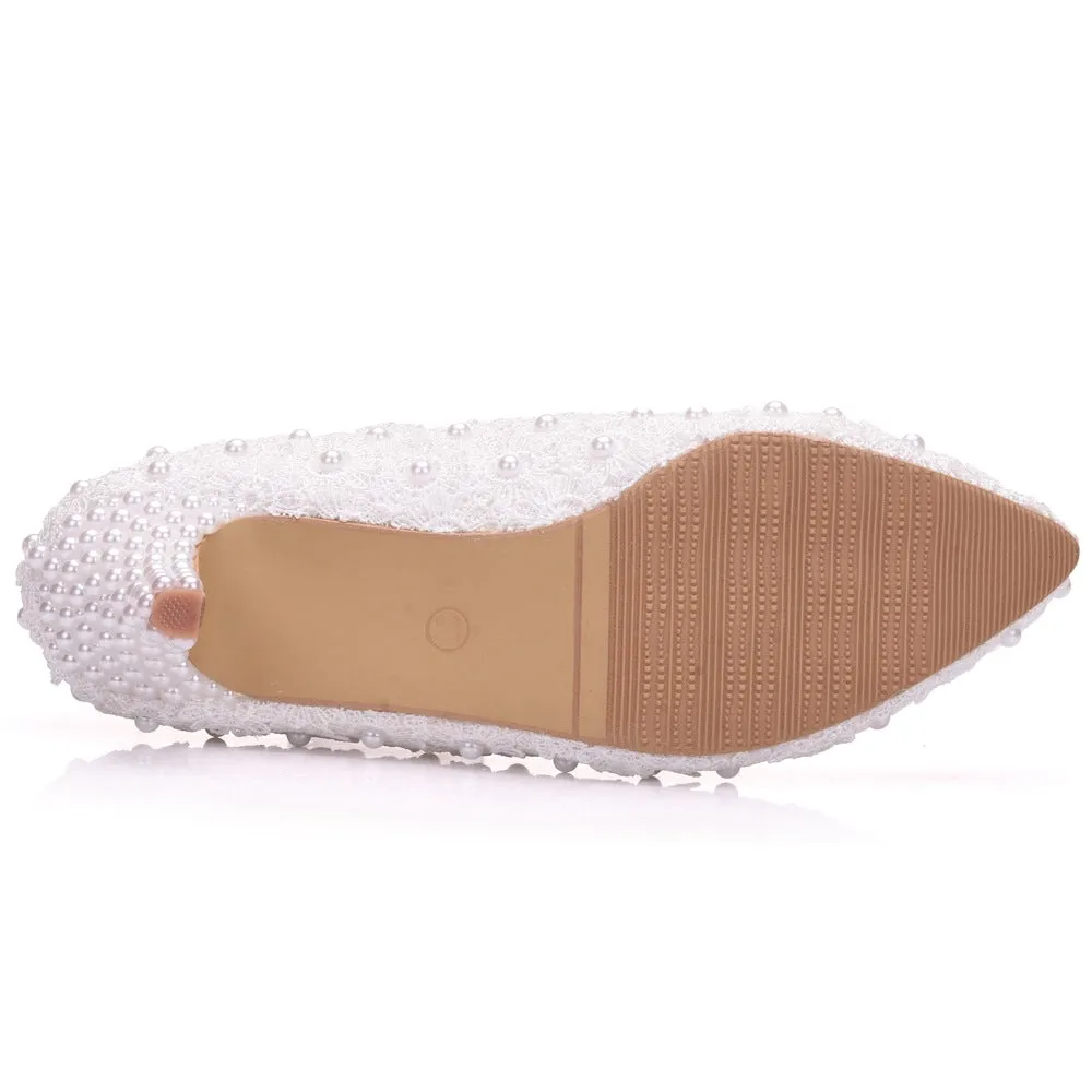 Women's kitten heel lace imitation pearl wedding pumps