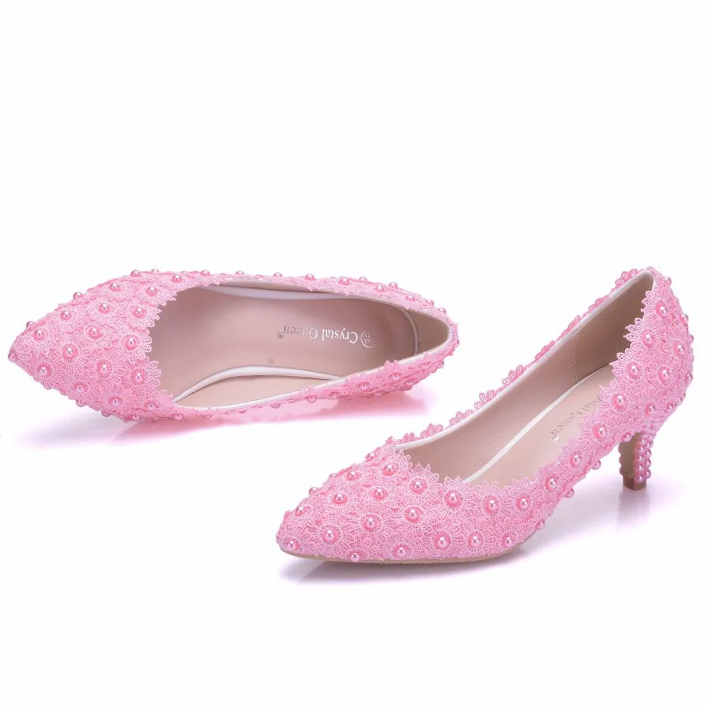 Women's kitten heel lace imitation pearl wedding pumps
